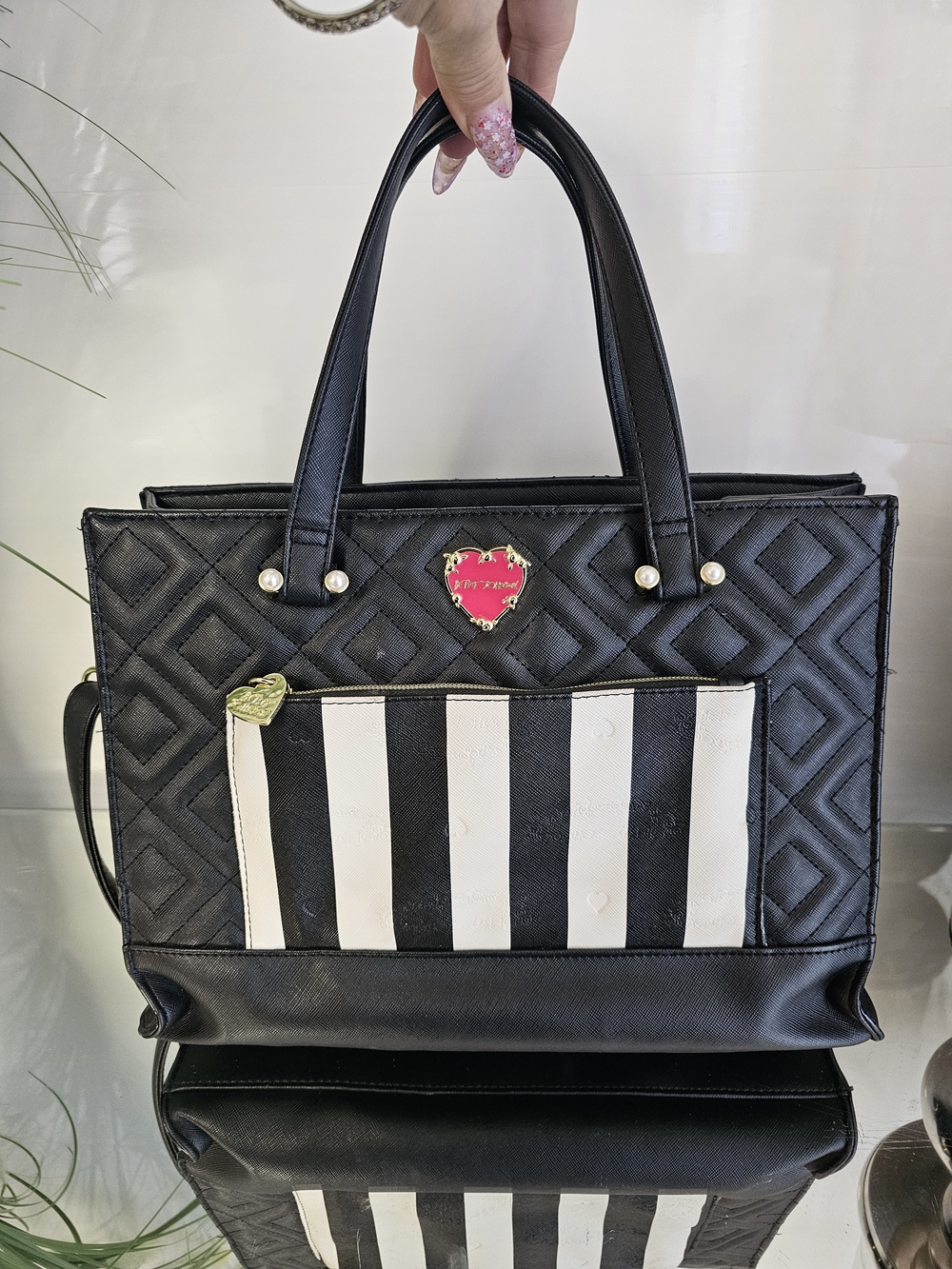 Betsey Johnson Black Quilted Tote with Black & White Striped Pocket